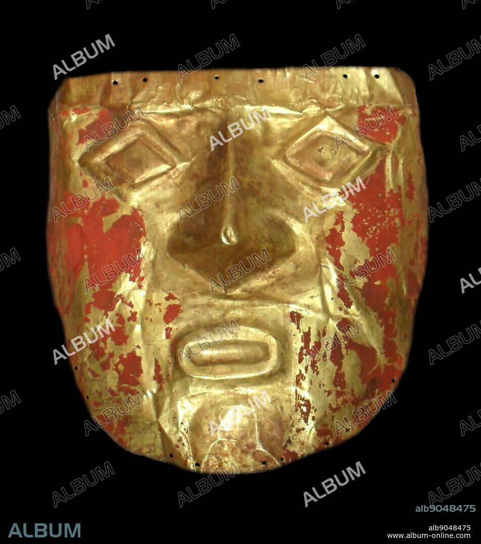 Death Mask from the Moche people of Peru, circa 600-1000 AD. The red colour is vermilion a mercury bearing pigment used to delay decomposition of the face.