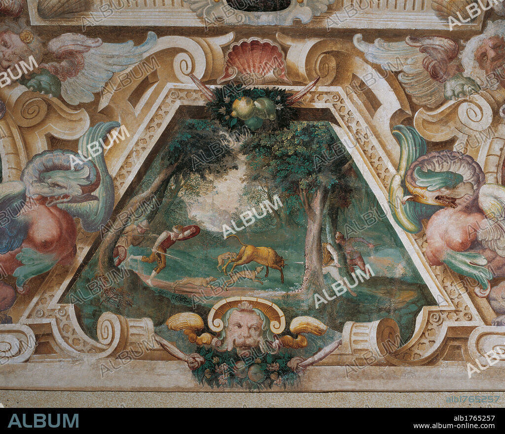 Decoration of Villa Visconti Borromeo Litta in Lainate, by Carlo Antonio Procaccini, 1587-1589 about, 16th Century, fresco,. Italy, Lombardy, Milan, Lainate, Villa Visconti Borromeo Litta, 16C palace. Detail. Interior Villa Litta decoration ceiling bull hunting scene hunters dogs wood grotesque.