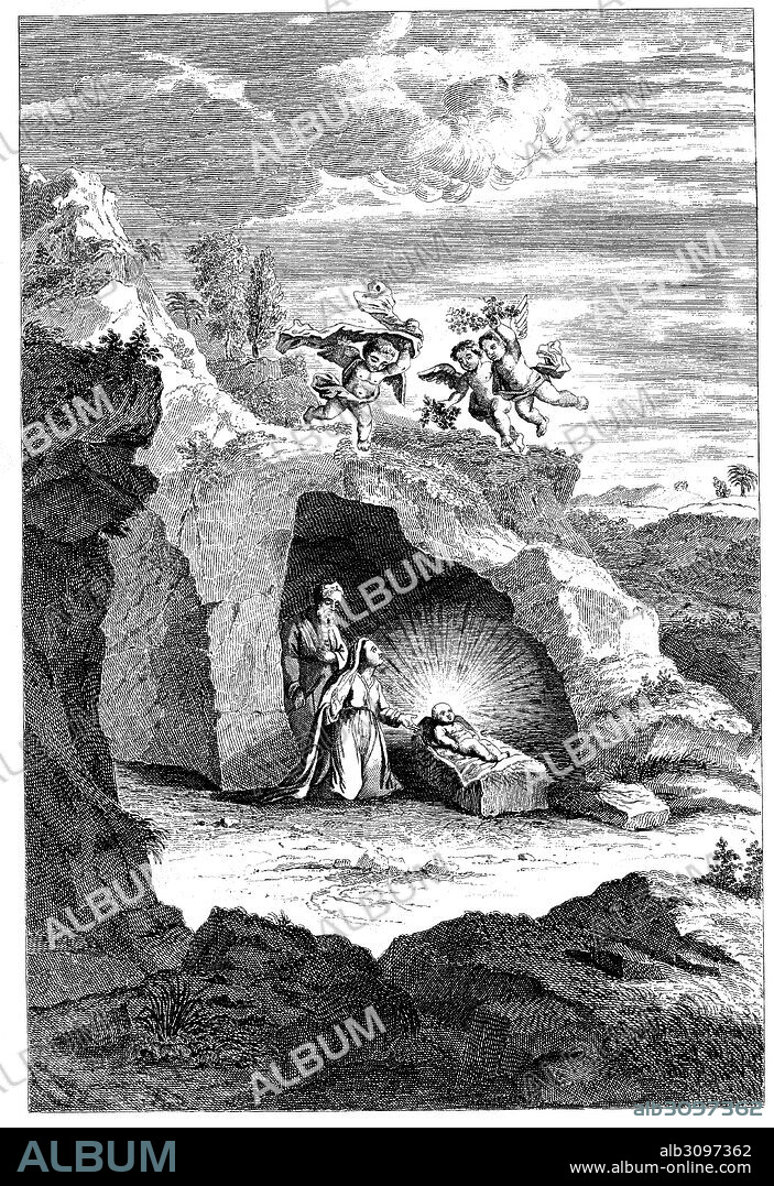 Historia sagrada. Vista de la cueva de Belén con el nacimiento de Jesús. Grabado de 1862.
