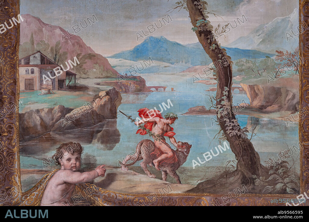 Sassuolo, Este Ducal Palace, the Bacchus Gallery: "Bacchus tames the tiger that the persecutor Juno sent against him". The faux tapestry depicting a river landscape dominated by a large tree in the centre, is raised by a putto on the left who indicates the scene. In the foreground Bacchus astride the tiger that Juno sent him.The goddess observes the scene from the clouds. It is one of the forty-one panels with scenes painted by Jean Boulanger which narrate the events of Bacchus. Wall tempera painting, 1650 - 52.. Detail.