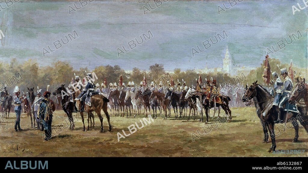 EDUARDO BANDA Y PINEDA. ALFONSO XIII IMPONE LA CORBATA DE SAN FERNANDO AL ESTANDARTE DEL REGIMIENTO DE CAZADORES DE ALFONSO XII EN SEVILLA EN EL AÑO 1910.