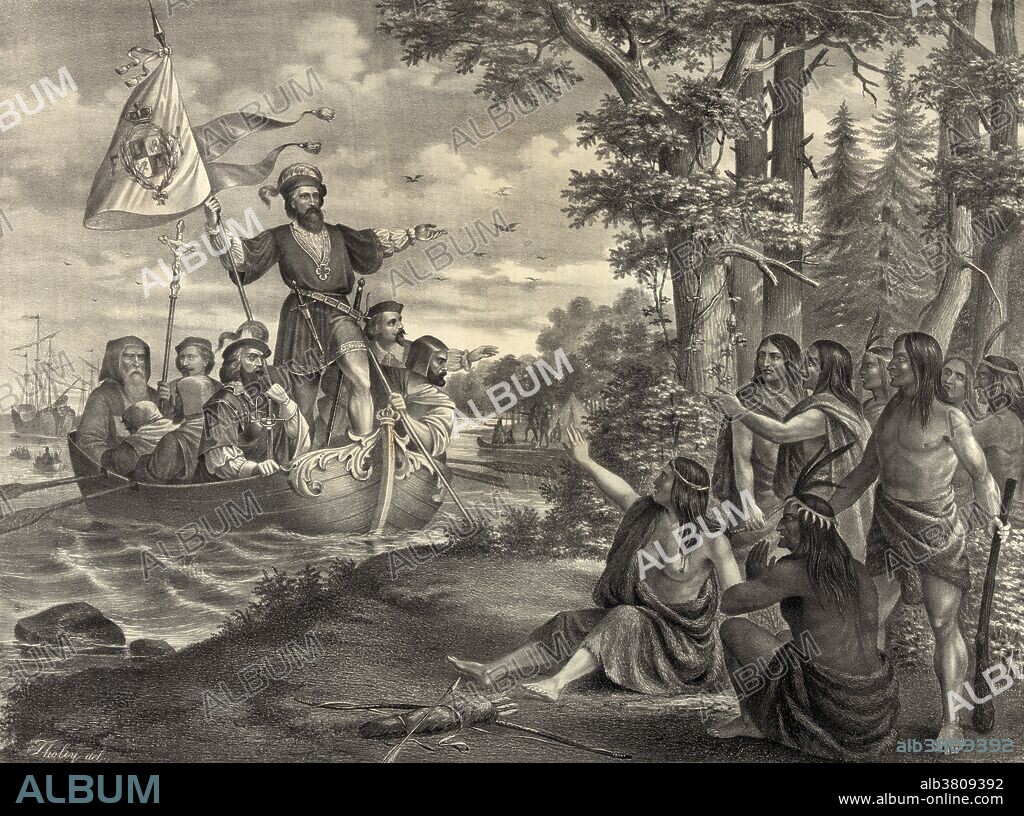 Print entitled: "Landing of Christopher Columbus in America, at San Salvador, October 12th A.D. 1492." Christopher Columbus (October 30 or 31, 1451 - May 20, 1506) was an Italian explorer, colonizer, and navigator. He completed four voyages across the Atlantic Ocean that led to European awareness of the American continents. During his first voyage in 1492, instead of reaching Japan, he landed in the Bahamas archipelago, which he named San Salvador. Over the course of three more voyages, he visited the Greater and Lesser Antilles, the Caribbean coast of Colombia and Venezuela, claiming them for the Spanish Empire. His efforts to establish permanent settlements in the island of Hispaniola, started Spanish colonization, which foreshadowed the general European colonization of the "New World". Though Columbus was not the first European explorer to reach the Americas, his voyages led to the first lasting European contact with the Americas, inaugurating a period of European exploration, conquest, and colonization that lasted for several centuries.