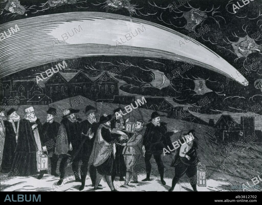 The Great Comet of 1577 was a comet that passed close to Earth during the year 1577 AD. It was viewed by people all over Europe, including famous Danish astronomer Tycho Brahe and though just a boy, future mathematician and astronomer, Johannes Kepler. From his observations of the comet, Brahe was able to discover that comets and similar objects travel above the Earth's atmosphere. George Jacob Daschitzky, 'Broadside of the Comet of 1577 Seen at Prague', published by Peter Codicillus, woodcut.
