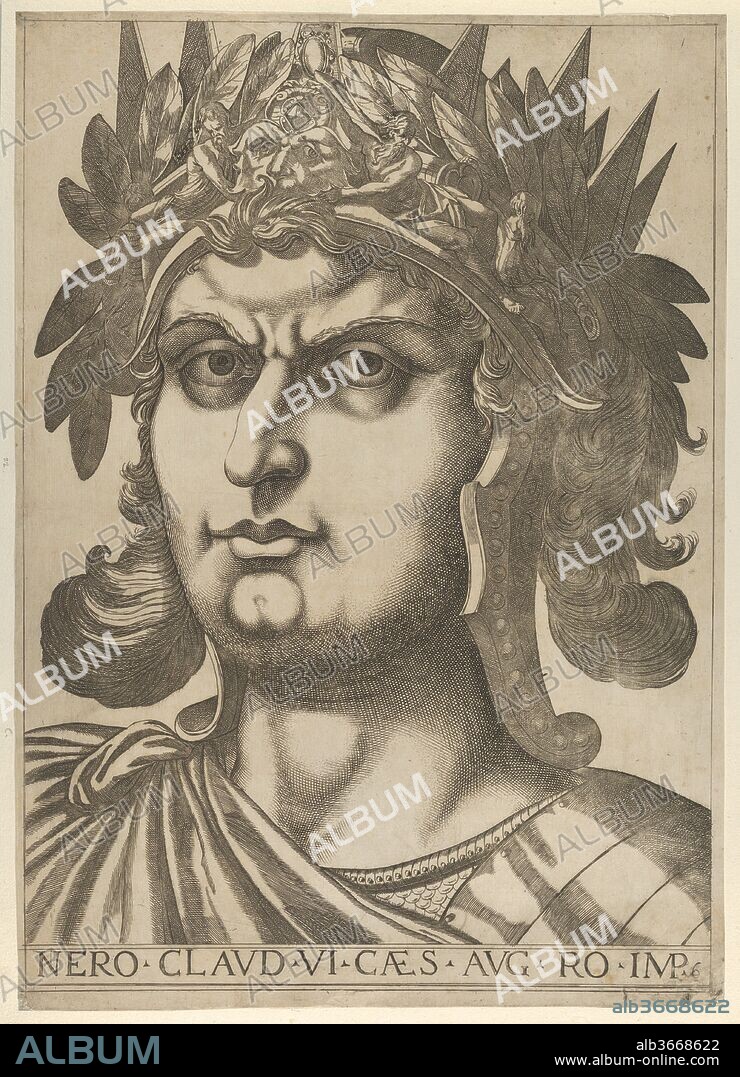 Plate 6: Nero with his head turned slightly to the right, from 'The Twelve Caesars'. Artist: After Raffaello Schiaminossi (Italian, Borgo San Sepolcro (Sansepolcro) 1572-1622 Borgo San Sepolcro (Sansepolcro)). Dimensions: Mount: 21 7/16 in. × 15 13/16 in. (54.5 × 40.1 cm)
Sheet: 20 5/16 × 14 1/2 in. (51.6 × 36.8 cm). Series/Portfolio: The Twelve Caesars. Date: ca. 1610-40.