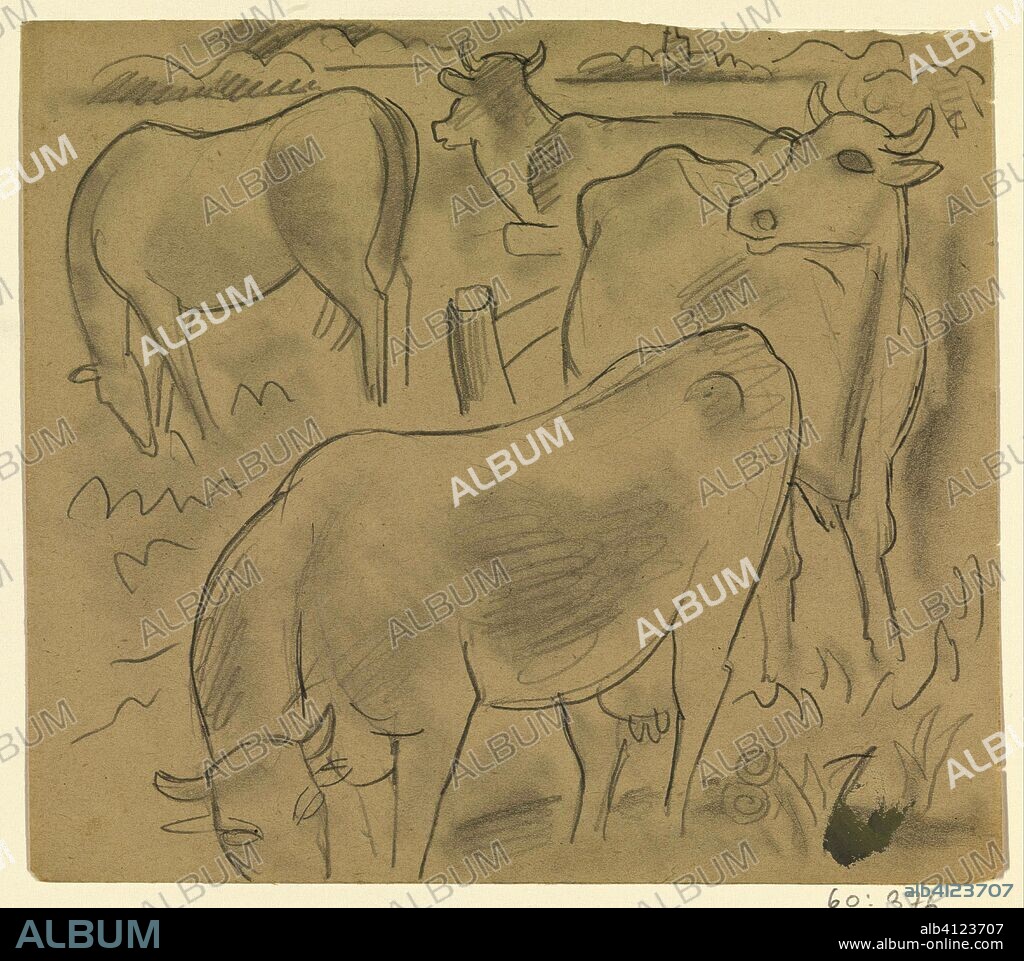 Three cows and a horse in a pasture. Draughtsman: Leo Gestel. Dating: 1891 - 1941. Measurements: h 179 mm × w 204 mm.