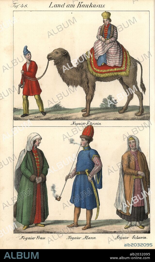 Costumes of the Nogai people of the Caucasus mountains: a princess mounted on a camel above, and Nogai man, woman and slave girl below. Handcoloured lithograph from Friedrich Wilhelm Goedsche's "Vollstaendige Völkergallerie in getreuen Abbildungen" (Complete Gallery of Peoples in True Pictures), Meissen, circa 1835-1840. Goedsche (1785-1863) was a German writer, bookseller and publisher in Meissen. Many of the illustrations were adapted from Bertuch's "Bilderbuch fur Kinder" and others.