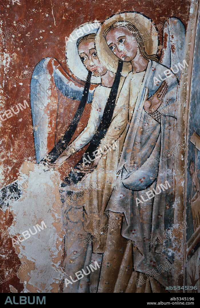 Ángeles del juicio final, pintura al fresco, 400 x 432,5 x 126 cm., segunda mitad del siglo XIII, procedente del prebisterio de la iglesia de Sant Pau de Casserres. Museu de Solsona Diocesà i Comarcal.