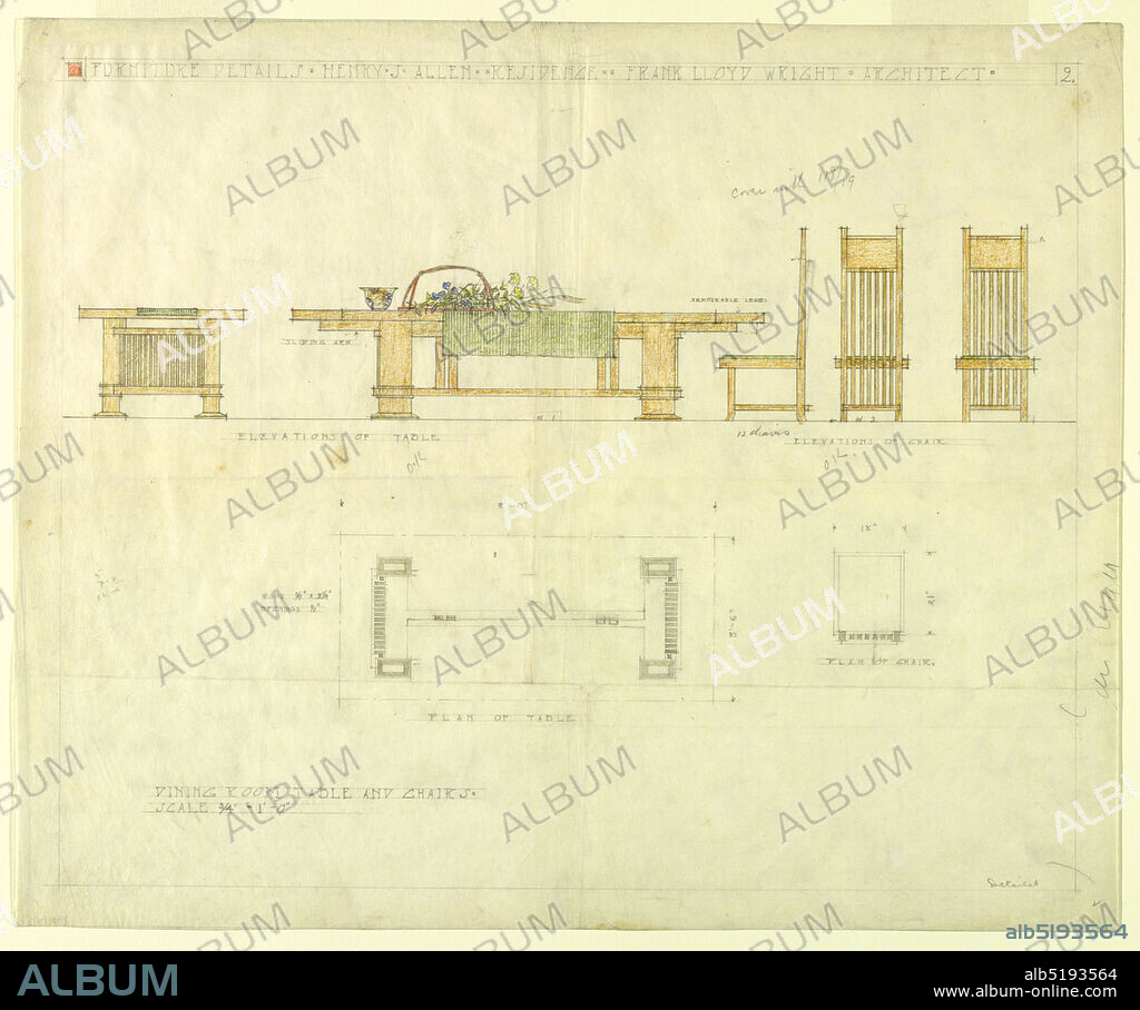 Dining Room Table and Chairs, Henry J. Allen Residence, Wichita, Kansas, Henry J. Allen, Graphite, color pencil on cream tracing paper, Sheet divided into upper and lower sections. In upper part, from left to right: elevation views of table, one from side and other from front. A green cloth, floral arrangement, and bowl sit atop table. Elevation views from side, back and front of slatted, high-backed side chair cushions. Lower part shows plan of table and side chair., USA, 1917, furniture, Drawing, Drawing.