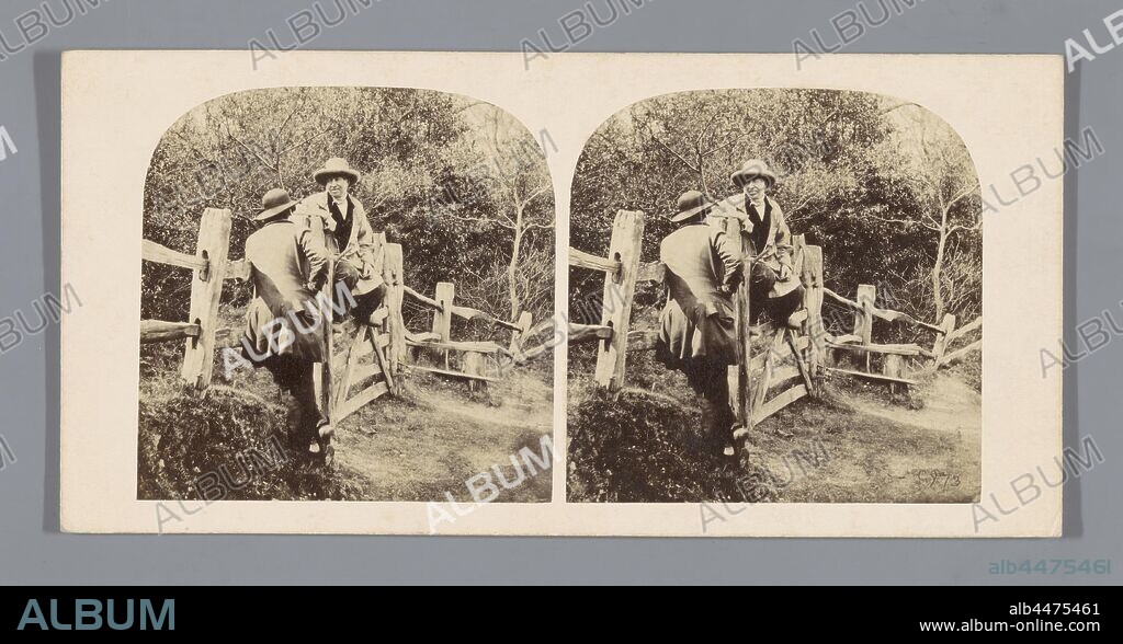 Two men on a fence in the forest, fence, wall, eel, bush, shrubs, forest, Europe, William Morris Grundy (attributed to), Sutton Coldfield, c. 1850 - c. 1880, cardboard, photographic paper, albumen print, h 85 mm × w 170 mm.