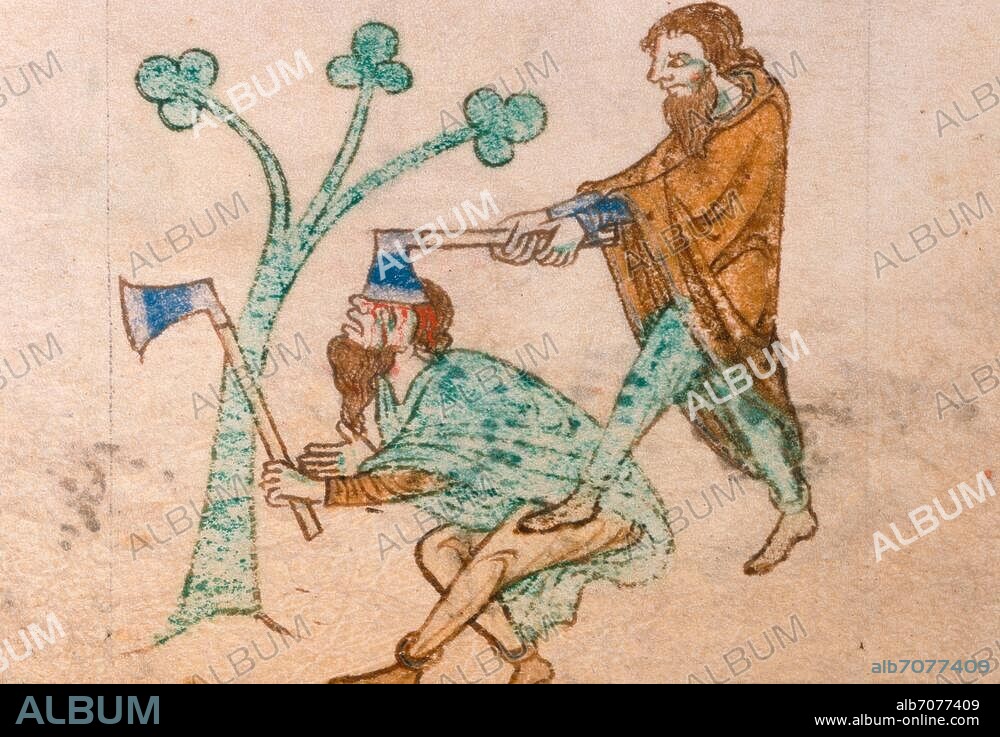 Book illumination, English, 13th century. A man hits another man with an axe. From the Topographia Hibernica of Giraldus Cambrensis (Gerald of Wales). Ms. Royal 13, B.VIII, fol. 28, London, British Library.