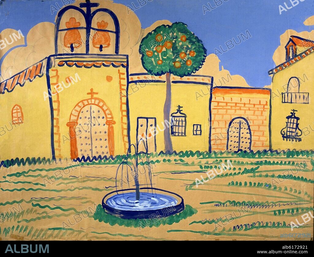 FEDERICO GARCÍA LORCA. ACUARELA-FUENTE FRENTE A LA IGLESIA.
