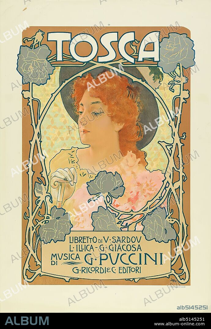 G. Ricordi e C, Leopoldo Metlicovitz, Tosca. Musica di G. Puccini, lithograph, total: height: 75.40 cm; width: 51.30 cm, monogrammed: u. r. in print: LM, opera posters, woman, hat, flower ornaments, rose, accessories, accessories of clothing, art nouveau.