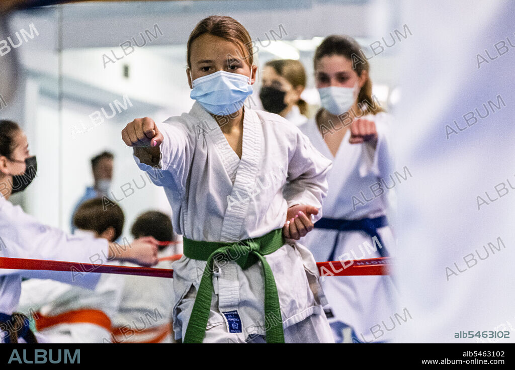 young people practicing traditional karate, Mallorca, Balearic Islands, Spain.