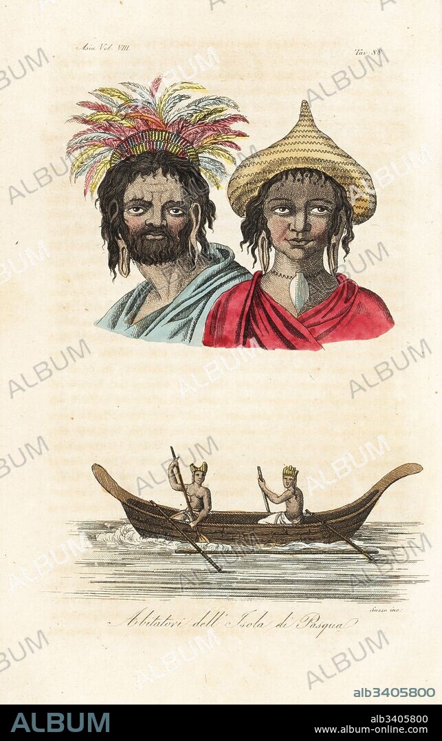 Natives of Easter Island or Rapa Nui. Man and woman in hats with long pierced ear lobes. Couple rowing an outrigger canoe or vaka. Handcoloured copperplate engraved by Sasso after William Hodges from Giulio Ferrario's Ancient and Modern Costumes of all the Peoples of the World, Florence, Italy, 1844.