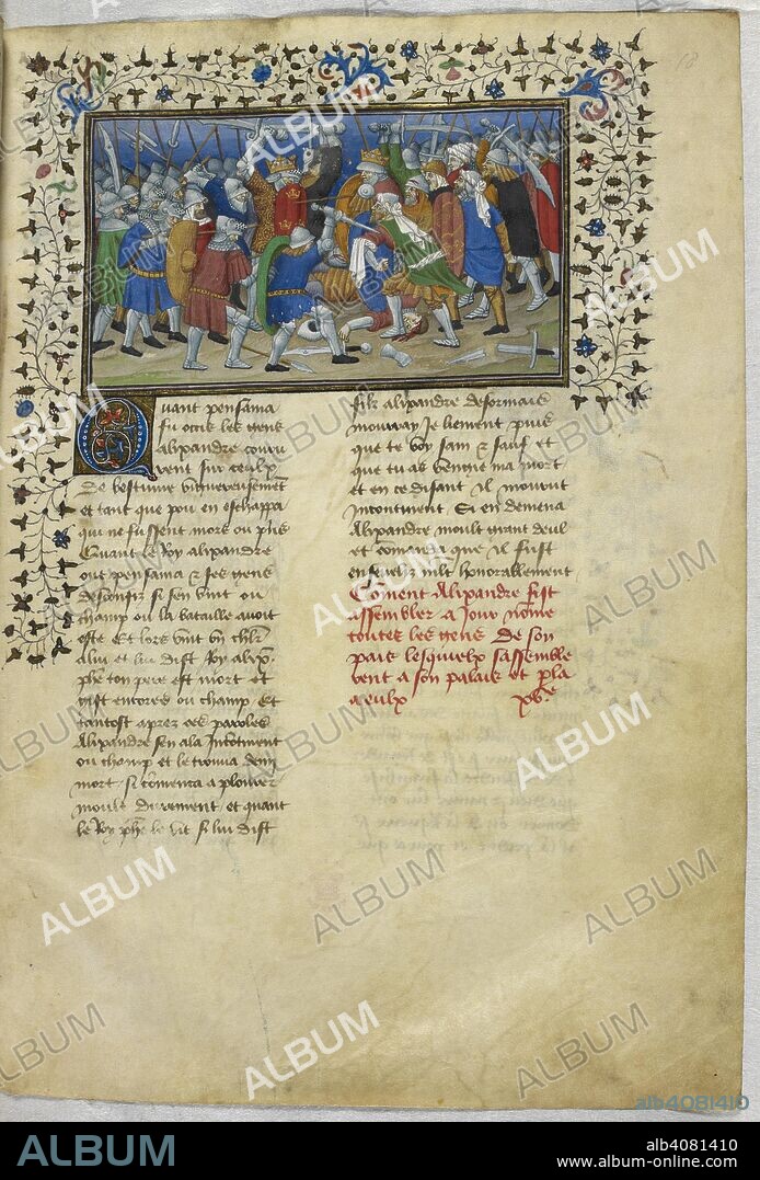 Miniature of Alexander defeating Pausanias. Historia de proelis in a French translation (Le Livre et le vraye hystoire du bon roy Alixandre). France, Central (Paris); c.1420. Source: Royal 20 B. XX, f.18. Language: French.