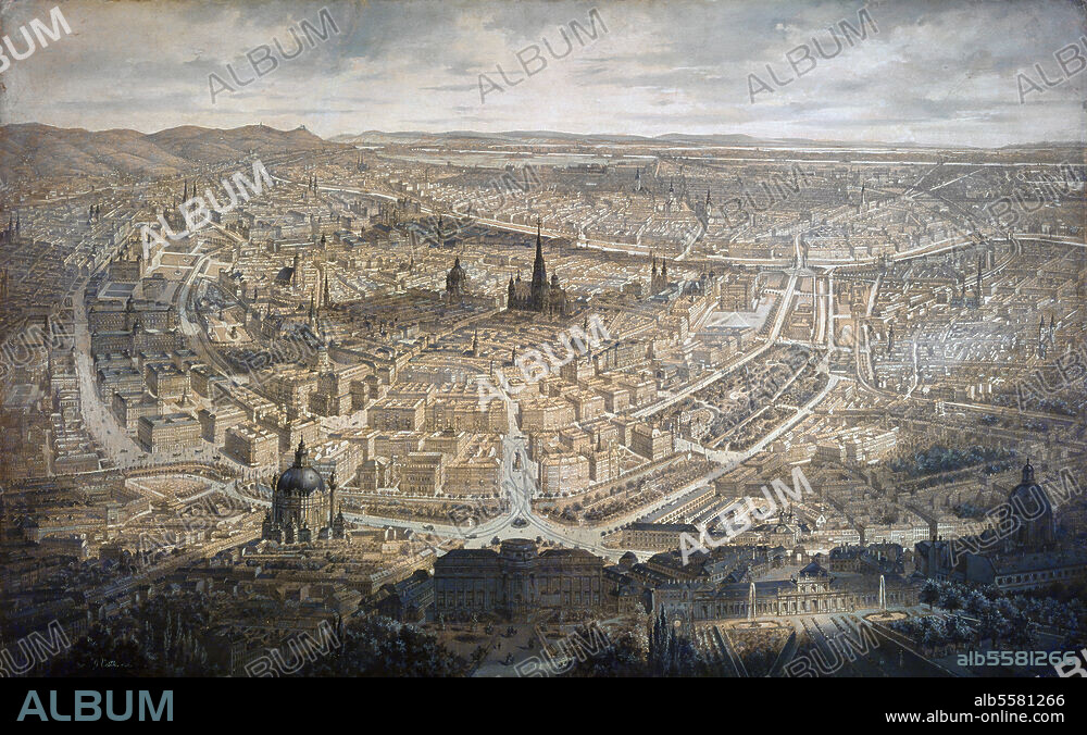 Wien. Wien aus der Vogelschau. Sepiazeichnung, weiß und blau gehöht, 1873, von Gustav Veith. Wien, Wien Museum.