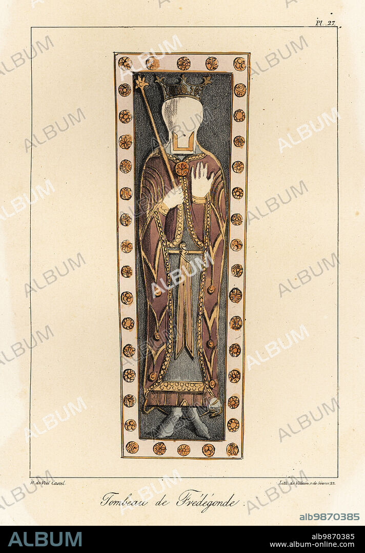Tomb of Fredegund or Fredegunda, 543-597, Queen consort of Chilperic I, Merovingian Frankish king of Soissons. Mosaic of precious stones and brass on limestone in the Saint Denis Basilica, originally in the Abbey church of Saint-Germain-des-Prés. Tombeau de Fredegonde. Handcoloured lithograph by Villain after an illustration by Horace de Viel-Castel from his Collection des costumes, armes et meubles pour servir à l'histoire de la France (Collection of costumes, weapons and furniture to be used in the history of France), Treuttel & Wurtz, Bossange, 1827.