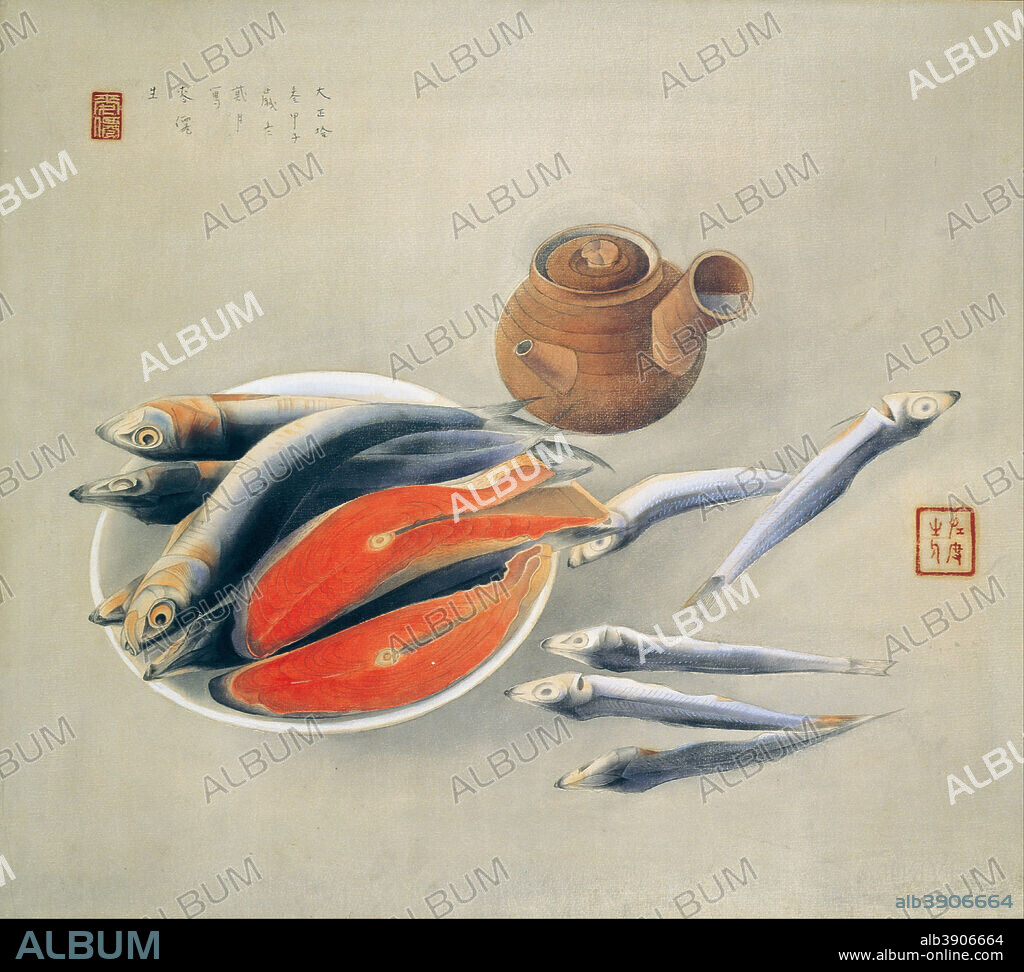 TSUCHIDA BAKUSEN. Still Life - Salmon Slices and Sardines. Date/Period: 1924. Japanese Painting. Color on paper / framed. Height: 465 mm (18.30 in); Width: 520 mm (20.47 in).