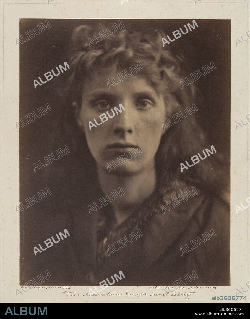 JULIA MARGARET CAMERON (PHOTOGRAPHE). The Mountain Nymph Sweet Liberty. Artist: Julia Margaret Cameron (British (born India), Calcutta 1815-1879 Kalutara, Ceylon). Dimensions: 36.1 x 28.6 cm (14 3/16 x 11 1/4 in. ). Date: 1866.
In Cameron's Mountain Nymph, Sweet Liberty, Miss Keene, an arresting model about whom we know nothing but her last name, stares directly at the camera (and, by extension, at the viewer), her hair loose and her eyes open wide. Filling the frame, she seems to step out of the picture. The photograph takes its title from John Milton's poem L'Allegro, a celebration of life's pleasures:
Come, and trip it as you go
On the light fantastic toe;
And in thy right hand lead with thee
The mountain nymph, sweet Liberty.
Cameron sent the photograph to her friend, the renowned scientist Sir John Herschel, who wrote back, "That head of the 'Mountain Nymph Sweet liberty' (a little farouche & égarée [timid and distraught] by the way, as if first let loose & half afraid that it was too good to last) is really a most astonishing piece of high relief-She is absolutely alive and thrusting out her head from the paper into the air. This is your own special style." Herschel seized upon the photograph's most striking quality, its startling sense of presence and of psychological connection with the viewer.