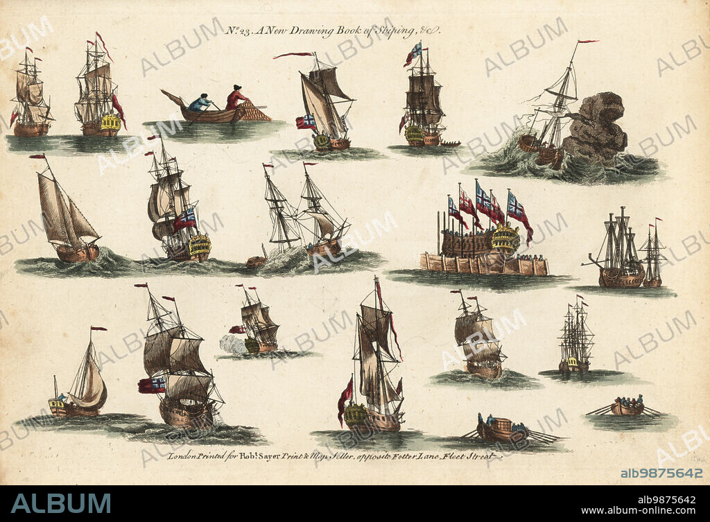 18th century nautical scenes with tall ships, frigates, sailing boats, fishermen with nets, sloops, hulks, etc. No. 23 A New Drawing Book of Shiping etc. Handcoloured copperplate engraving from Robert Sayers The Artists Vade Mecum, Being the Whole Art of Drawing, London, 1766.