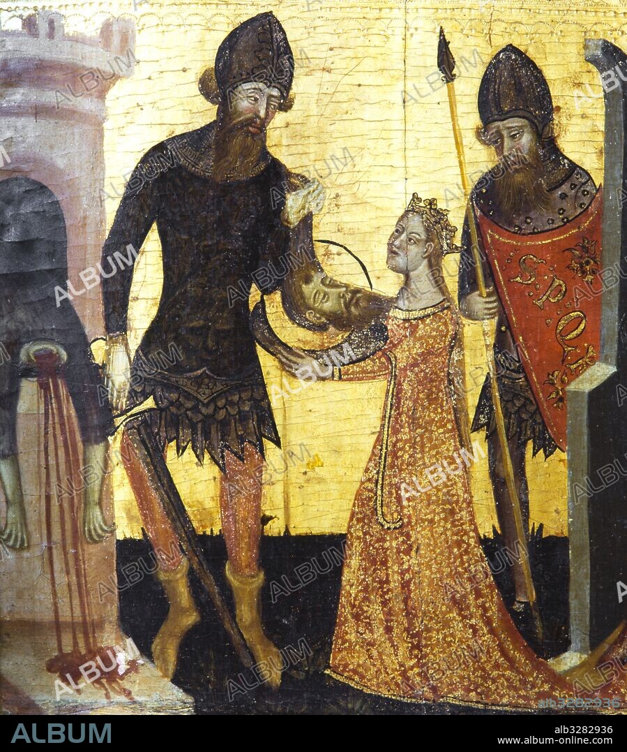 MESTRE DE SANTA COLOMA DE QUERALT. Altarpiece of the Saints John, circa 1356. Decapitation of John the Baptist and Salome with the head of John the Baptist.  Tempera and gold leaf on wood. 220.5 x 209.8 x 11.5 cm. From the chapel of the castle of Santa Coloma de Queralt (Conca de Barberà). Museu Nacional d'Art de Catalunya.