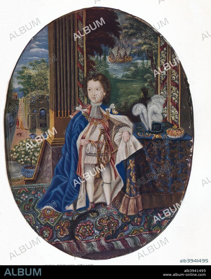 Prince James Francis Edward Stuart (1688-1765),  The Old Pretender. Prince James Francis Edward Stuart dressed in Garter robes and with the Crown on the table beside him as the heir apparent to the throne which his father. James II (1633-1701), had been forced to abdicate in 1688. Through the window we see the gardens of St Germain-en-Laye, the chateau supplied to the exiled Stuarts by Louis XIV (1638-1715). After a miniature c1695 attributed to a follower of Jacques-Antoine Arlaud (1668-1746). Original housed in the Royal Collection. From 'The Connoisseur', 1925.