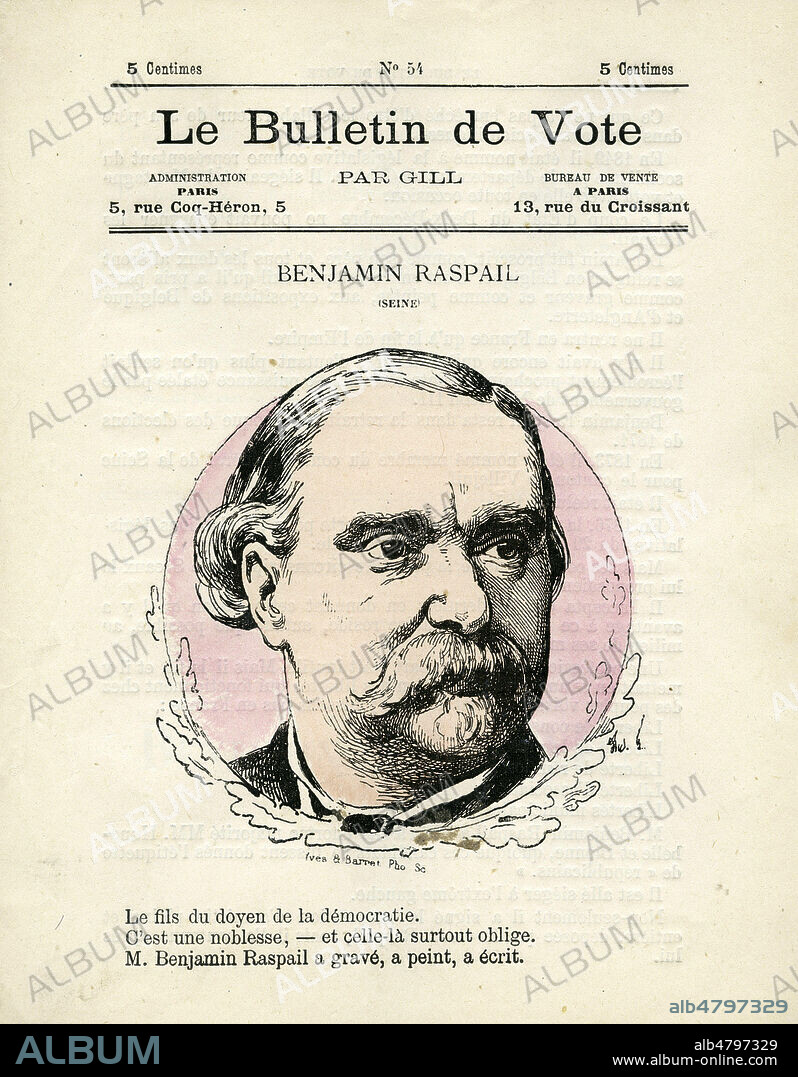 Portrait de Benjamin RASPAIL (1823-1899) (Seine). Illustration par GILL (1840-1885) pour la publication 'Le bulletin de vote' vers 1876. Credit : Collection IM/KHARBINE-TAPABOR.