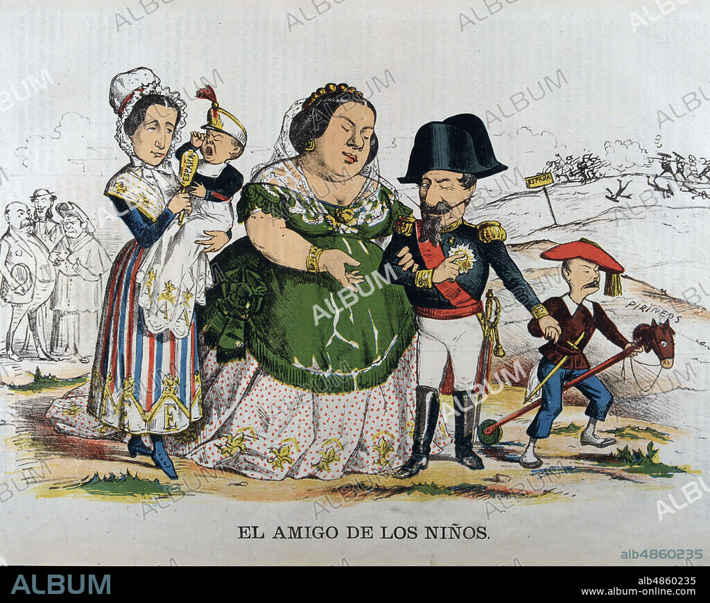ISABEL II. REINA DE ESPAÑA. MADRID 1830-1904. CARICATURA DELPROBLEMA SUCESORIO DE ISABEL II. EN LA REVISTA "LA FLACA" JUNTO A NAPOLEON III. EL AMIGO DE LOS NIÑOS.