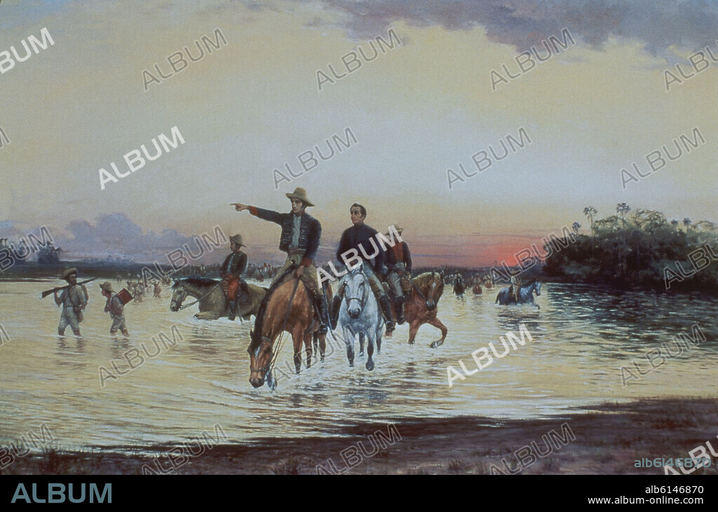 JESUS MARIA ZAMORA (1875-1949). BATALLA DE LOS LLANOS - LOS GENERALES BOLIVAR Y SANTANDER CRUZANDO EL ORINOCO - SIGLO XX.