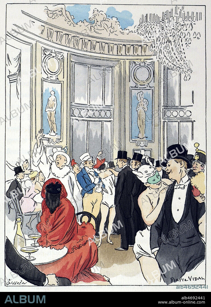 'Buffet du bal de l'Opera'. pendant le carnaval, a l'Opera Garnier. Illustration de Pierre VIDAL (1849-1913) dans Paris qui consomme d'Emile GOUDEAU (1849-1906) de 1893. Credit: Coll. BHVP-Grob/KHARBINE-TAPABOR.