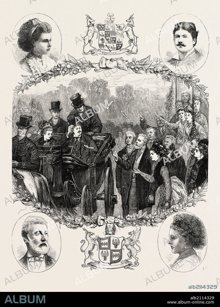 THE DUKE OF HAMILTON'S WEDDING AT KIMBOLTON CASTLE: AFTER BREAKFAST, DEPARTURE OF THE BRIDE AND BRIDEGROOM. TOP LEFT PORTRAIT: THE DUCHESS OF HAMILTON; TOP RIGHT PORTRAIT: THE DUKE OF HAMILTON; BOTTOM LEFT PORTRAIT: THE DUKE OF MANCHESTER; BOTTOM RIGHT PORTRAIT: THE DUCHESS OF MANCHESTER, UK, 1873 engraving.