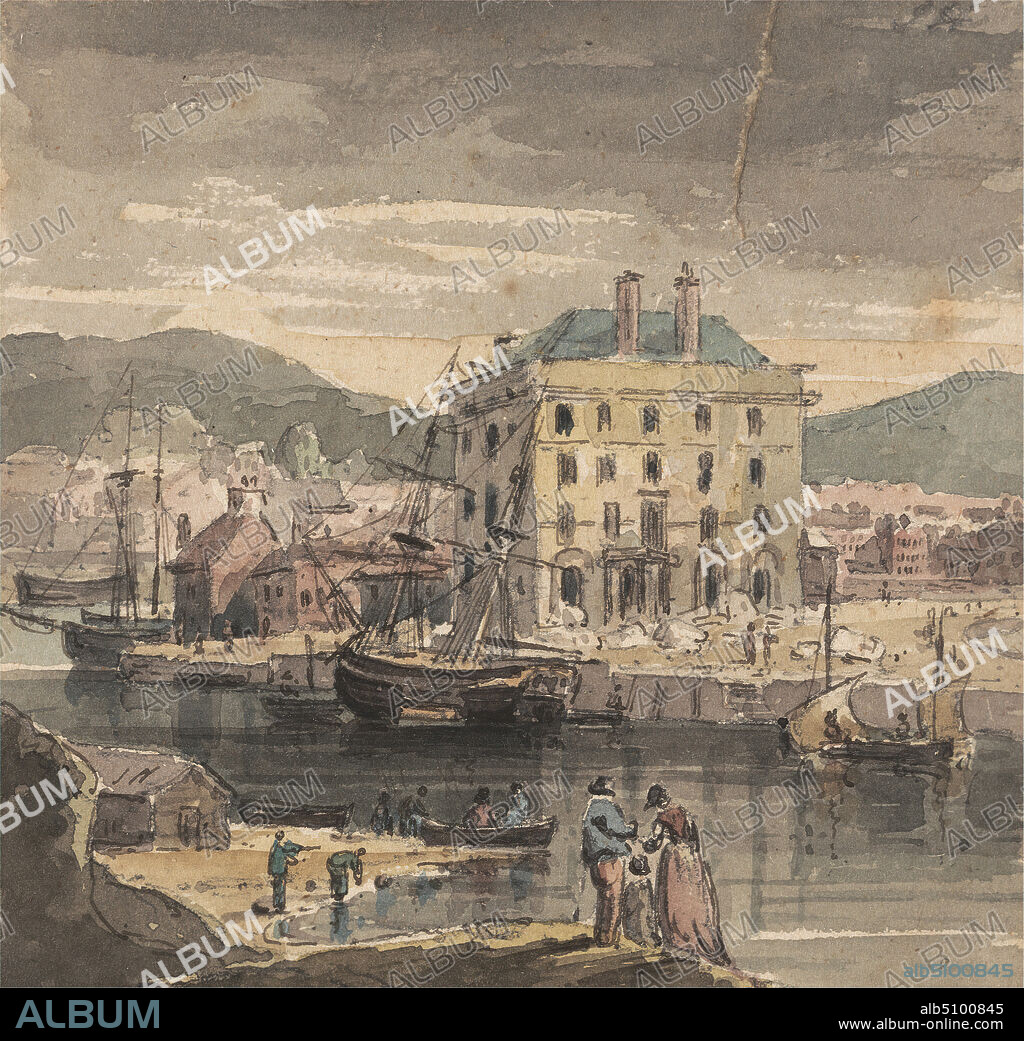 Weymouth: with figures, shipping and view of (?) the Custon House, John Henderson, 17641843, British, undated, Watercolor and pen and brown ink over graphite on medium, slightly textured, cream laid paper, Sheet: 5 1/2 × 5 1/2 inches (14 × 14 cm), boats, buildings, children, cityscape, men, mountains, port, ships, women, England, Europe, United Kingdom, Weymouth.