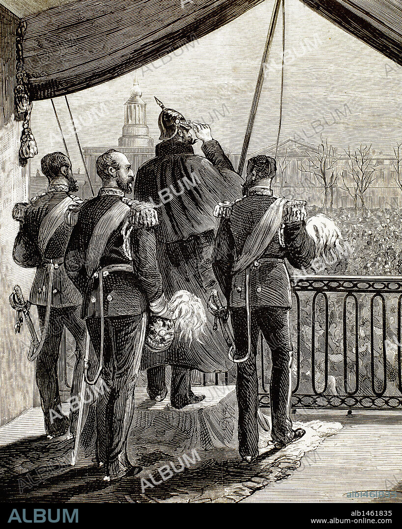 ALEJANDRO II DE RUSIA (Moscú,1818-San Petersburgo 1881). Zar de Rusia (1855-1881), hijo de Nicolás I. Grabado del año 1879 que escenifica una demostración popular de apoyo al zar, delante del Palacio de Invierno de San Petersburgo en ese mismo año.