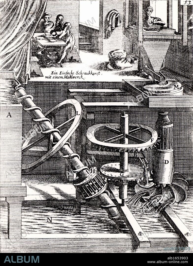 Perpetual motion: Grinding mill driven by horizontal water wheel, which is itself driven by water from a cistern. The wheel is supposed also to raise water to the cistern by an Archimedean screw. The wheel, C, has curved blades, an early form of water turbine. Engraving from "Theatrum Machinarum Novum" by George Andreas Bockler (Nuremberg, 1673).  (Photo by: Universal History Archive/UIG via Getty Images).