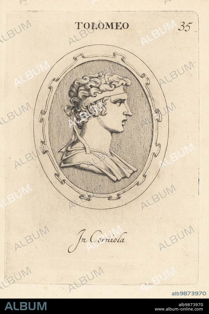 Bust of Ptolemy XIII Theos Philopator, c. 62 BC 47 BC, Pharaoh of Egypt, brother of Cleopatra, killer of Pompey. In carnelian. Tolomeo. In corniola. Copperplate engraving by Giovanni Battista Galestruzzi after Leonardo Agostini from Gemmae et Sculpturae Antiquae Depicti ab Leonardo Augustino Senesi, Abraham Blooteling, Amsterdam, 1685.