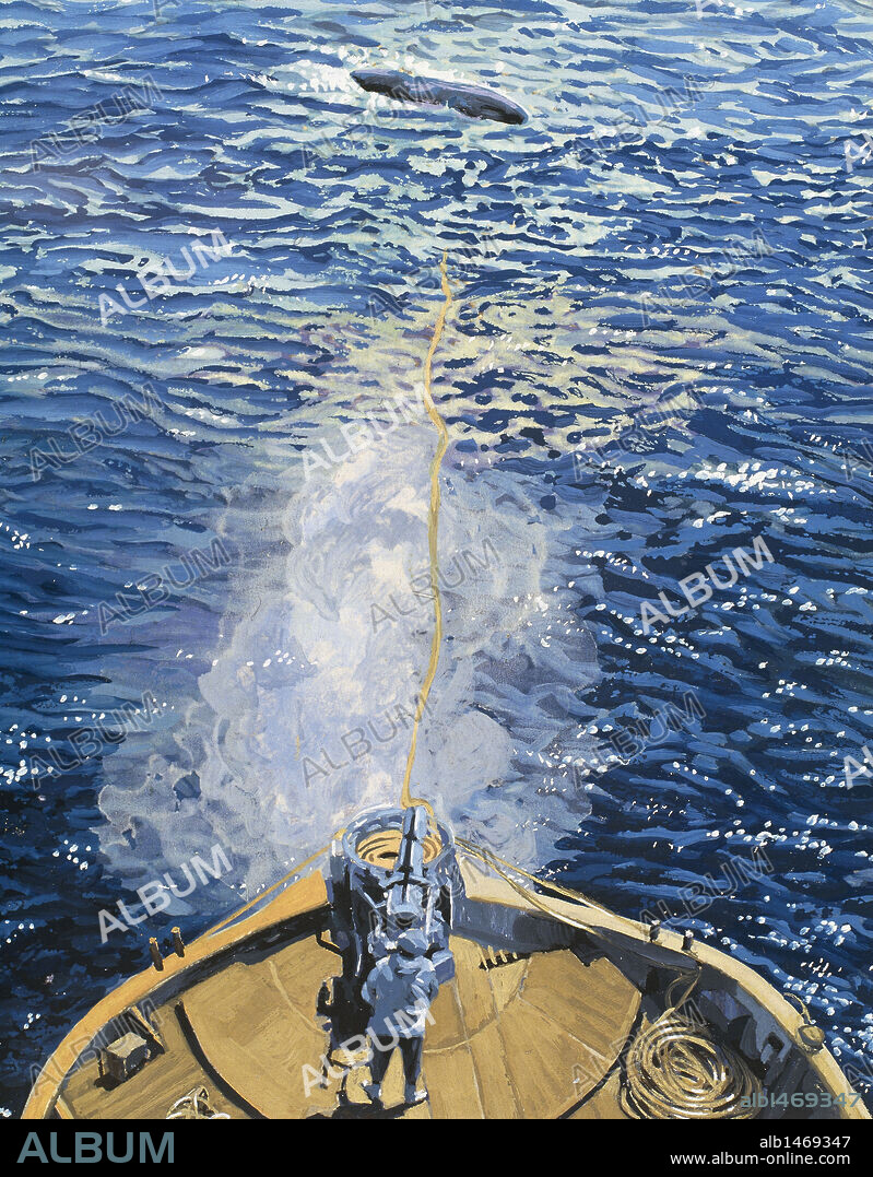 HISTORIA DE LA PESCA. Dibujo a color de un BARCO BALLENERO pescando una ballena con cañón lanzaarpones.