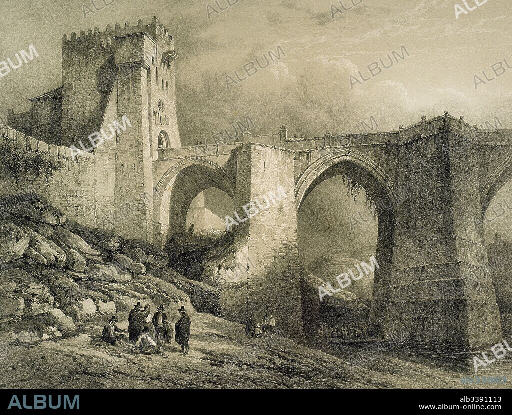 Spain. Toledo. Saint Martin's bridge. 14th century. Engraving by Genaro Perez Villaamil (1807-1854).