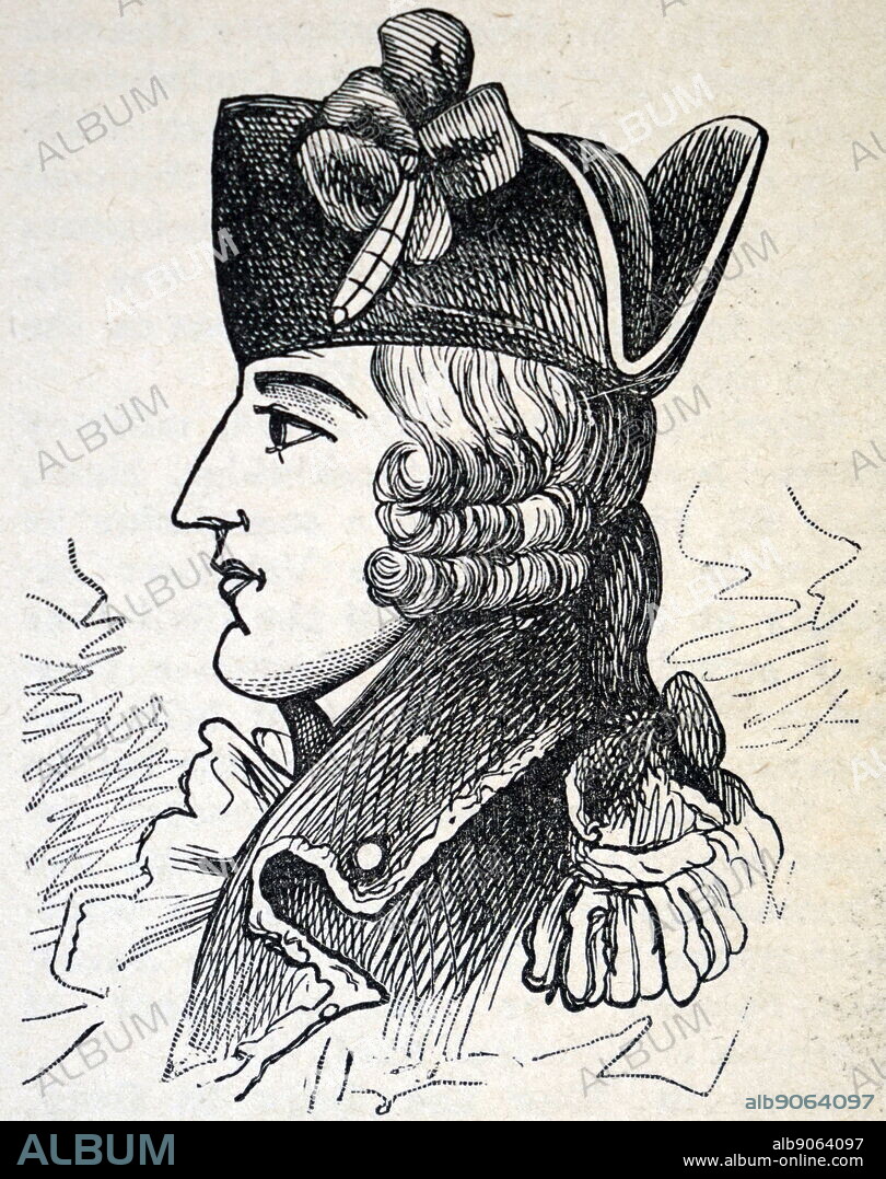 Illustration showing Major General Edward Braddock (January 1695 - 13 July 1755) was a British officer and commander-in-chief for the 13 colonies during the actions at the start of the French and Indian War (1754-1763) which is also known in Europe and Canada as the Seven Years' War (1756-1763). He is generally best remembered for his command of a disastrous expedition against the French-occupied Ohio River Valley then in western Virginia or Pennsylvania in 1755, in which he lost his life.