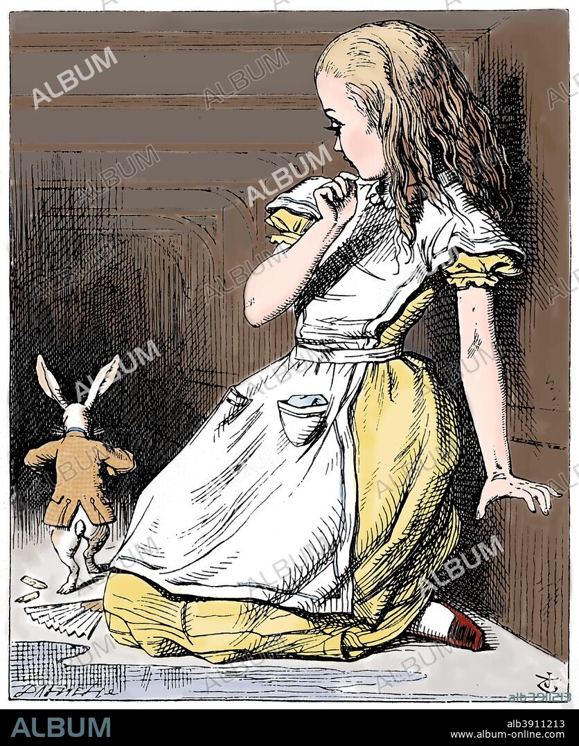 Scene from Alice's Adventures in Wonderland by Lewis Carroll, 1865. Alice, having eaten the piece of cake with EAT ME in currants on it, grows 9ft tall and is unable to get through the garden door. She watches the white rabbit scurrying into the darkness. From Alice's Adventures in Wonderland, by Lewis Carroll, (London, 1865). (Colorised black and white print).