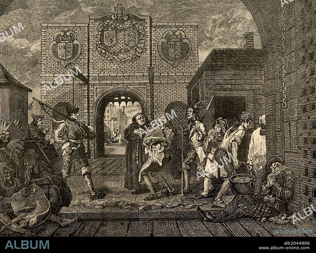 William Hogarth (1697-1764). Artista británico, grabador, ilustrador y pintor satírico. Se le considera pionero de las historietas occidentales. "La Puerta de Calais". Aguafuerte realizado por Hogarth. Grabado. "La Ilustración Ibérica", año 1888.