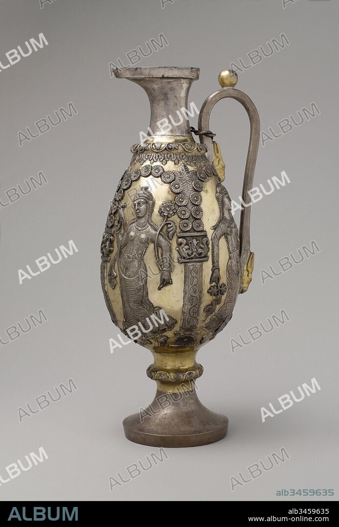 Ewer with dancing females within arcades, Sasanian, ca. 6th–7th century A.D., Iran, Sasanian, Silver, mercury gilding, H. of (a) 34 cm, Metalwork-Vessels-Inscribed, Late Sasanian silver vessels, particularly bottles and ewers, often were decorated with female figures holding a variety of festal objects. The appearance of these motifs attests to the continuing influence of Greek imagery associated with the wine god Dionysus.