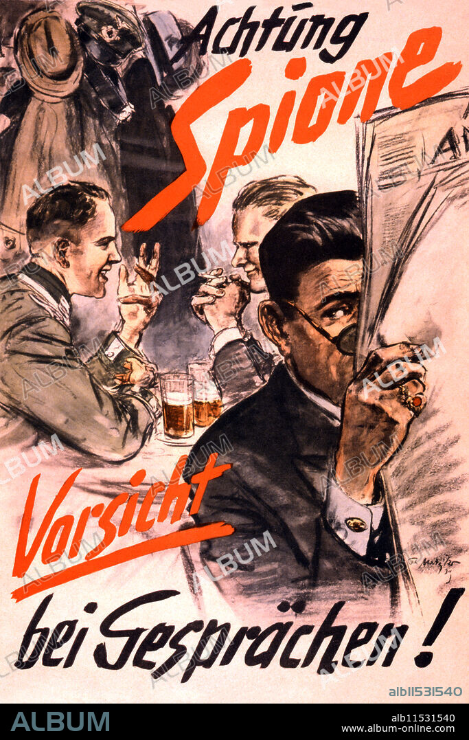 THEO MATEJKO. Achtung Spione Vorsicht bei Gesprächen!  Propaganda poster showing a man pretending to read a newspaper as he eavesdrops on two men who are talking.