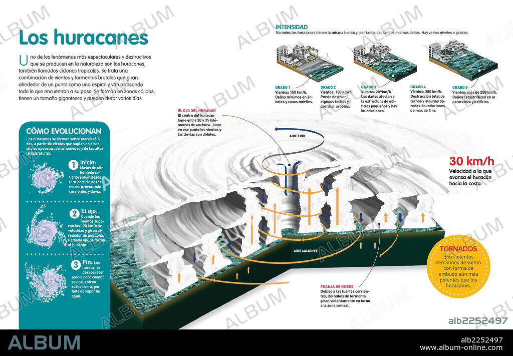 Los huracanes. Infografía sobre el proceso de formación de los huracanes, su estructura interior y sus diferentes intensidades.
