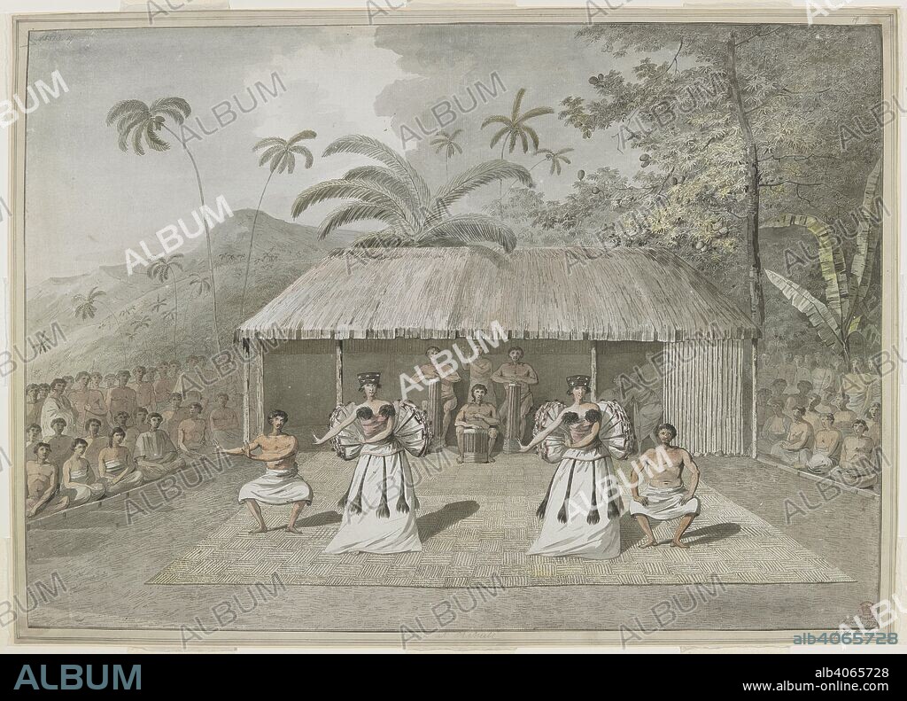 [Whole drawing] A dance or heiva at Otaheite [Tahiti].Two men and two women dancing, with drummers behind, and spectators either side. September 1777. Drawings executed by John Webber during the Third Voyage of Captain Cook, 1777-1779. 1777. Source: Add. 15513, No.19. Language: English.