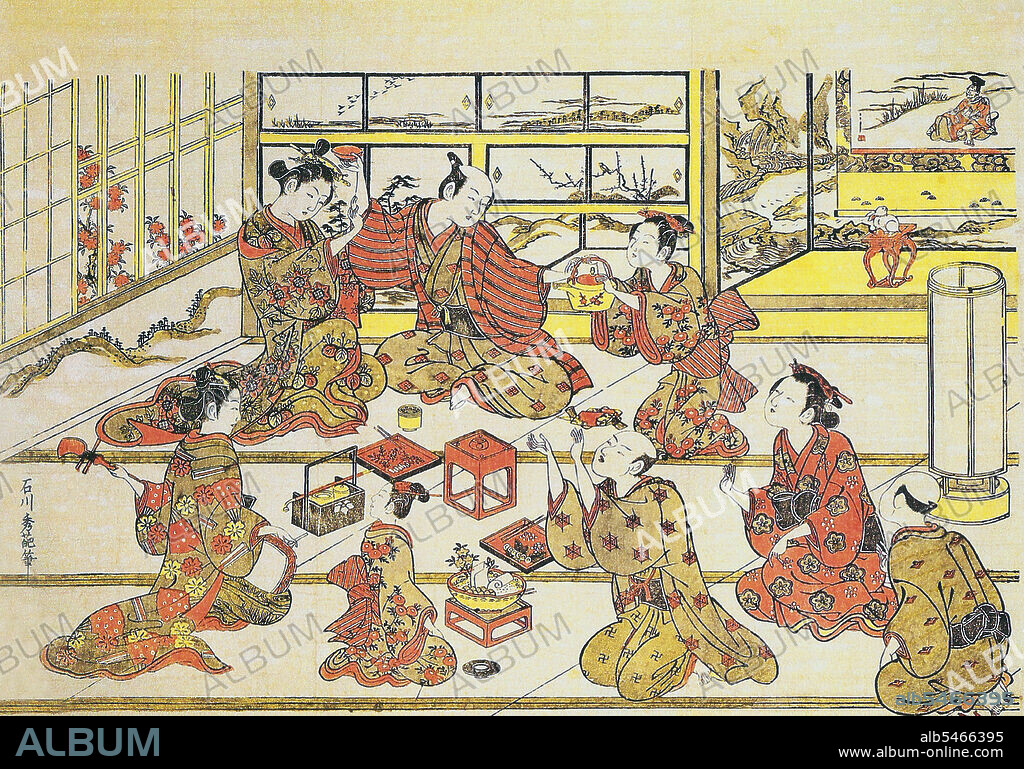 Ishikawa Toyonobu (1711 - July 1, 1785) was a Japanese ukiyo-e print artist. He is sometimes said to have been the same person as Nishimura Shigenobu, a contemporary ukiyo-e artist and student of Nishimura Shigenaga about whom very little is known. A pupil of Nishimura Shigenaga, Toyonobu produced many monochrome 'lacquer prints' (urushi-e) which reflected the influence of Okumura Masanobu as well. Many of these were yakusha-e (actor prints) and bijinga (images of beautiful women), including images of standing courtesans, whose faces conveyed an impassivity typical of the works of the Kaigetsudi school. Later in his career, Toyonobu became one of the leading producers of color prints, chiefly benizuri-e ('rose prints'), but stopped producing ukiyo-e shortly after Suzuki Harunobu pioneered the full-color print (nishiki-e) in 1765.