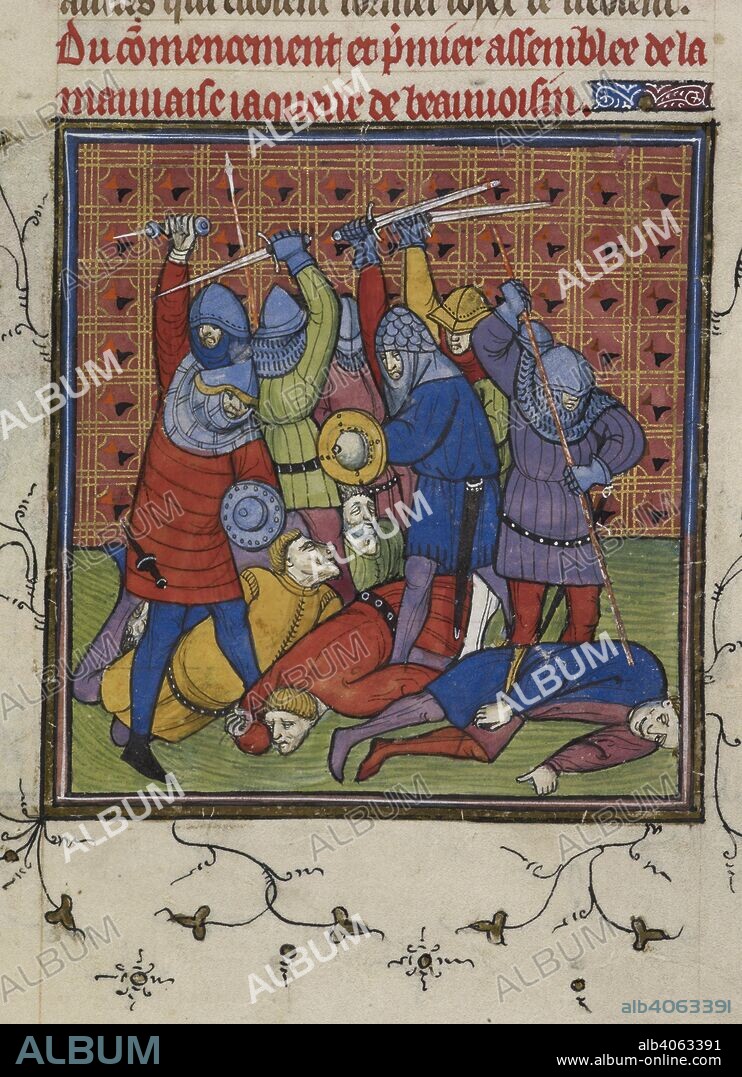 Violence against French nobility. Chroniques de France ou de St. Denis. End of 14th century. (Miniature) Outbreak of violence by the Jacquerie against the nobility of France.  Image taken from Chroniques de France ou de St. Denis.  Originally published/produced in End of 14th century. . Source: Royal 20 C. VII, f.133. Language: French.