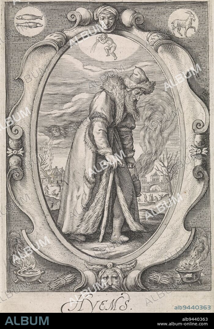 Winter (Hyems) personified by an old man leaning on a stick and a firepot in his hand, with a landscape with figures on ice in the background. Representation in an ornamental oval cartouche. At top the signs of the zodiac associated with winter: Pisces, Capricorn and Aquarius, Personification of winter (hyems) Hyems (title on object) The four seasons (series title), print maker: Jacob Matham, publisher: Jacob Matham, Haarlem, 1588 - 1602, paper, engraving, h 167 mm × w 108 mm.