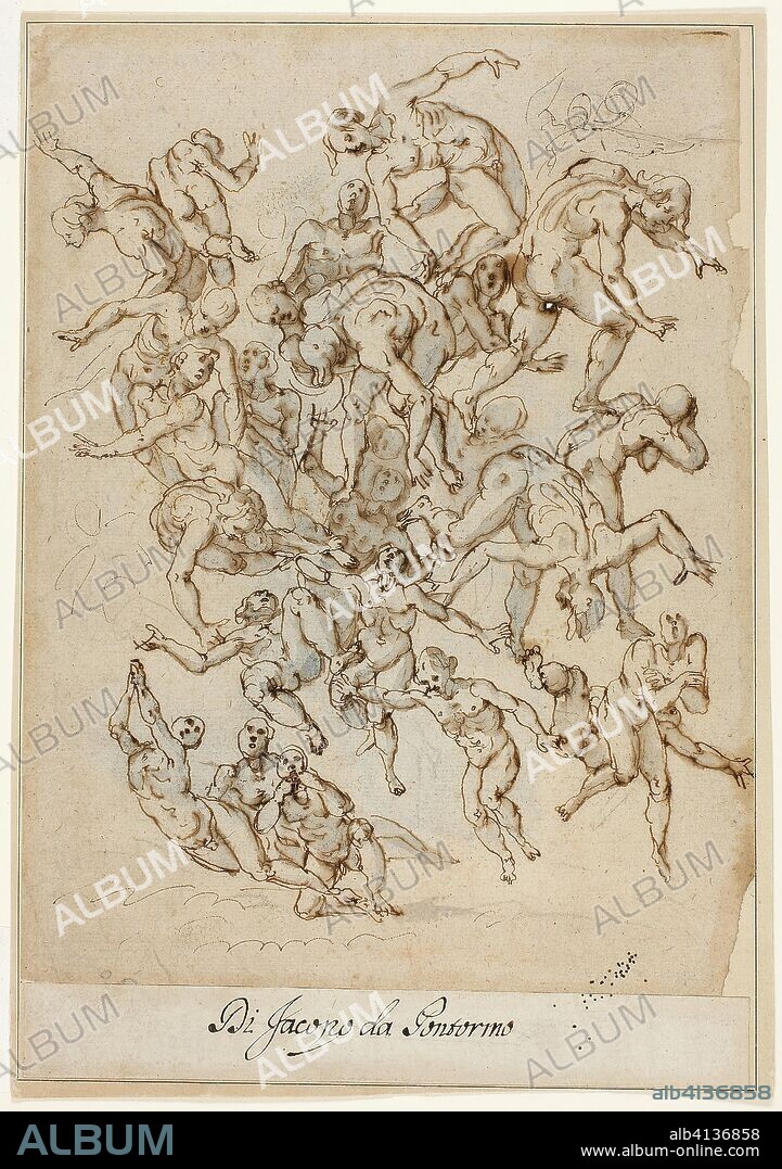 CIRCLE OF CIGOLI. Fall of the Damned (recto) Male Torso (verso). Circle of Ludovico Cardi, called Il Cigoli; Italian, 1559-1613. Date: 1500-1599. Dimensions: 287 x 202 mm. Pen and brown ink with brush and blue wash over black chalk, on tan laid paper. Origin: Italy.