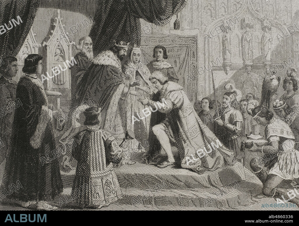Cristóbal Colón (1451-1506) se presenta ante los Reyes Católicos, Fernando II de Aragón e Isabel I de Castilla. Ilustración por Urrabieta. Grabado por Roca. Historia de Cataluña y de la Corona de Aragón, por Victor Balaguer. Barcelona,1862.