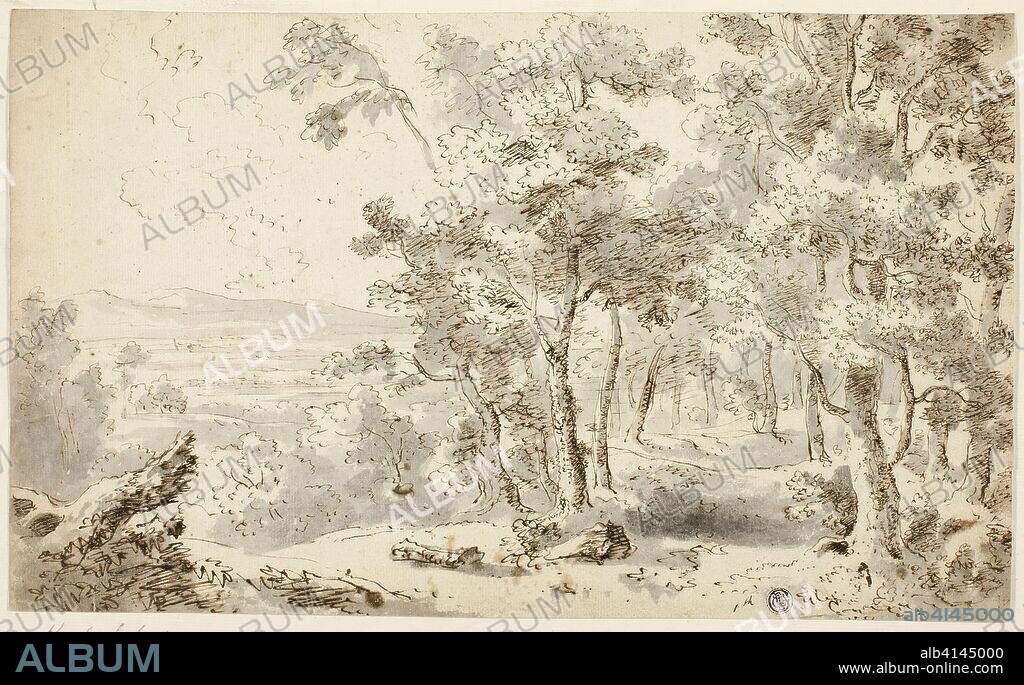 Forest, Valley and Distant Hills. Karl Schutz; Austrian, 1745-1800. Date: 1765-1800. Dimensions: 237 × 391 mm. Pen and brown ink, with brush and gray wash, on  cream laid paper, tipped onto ivory laid paper. Origin: Austria.
